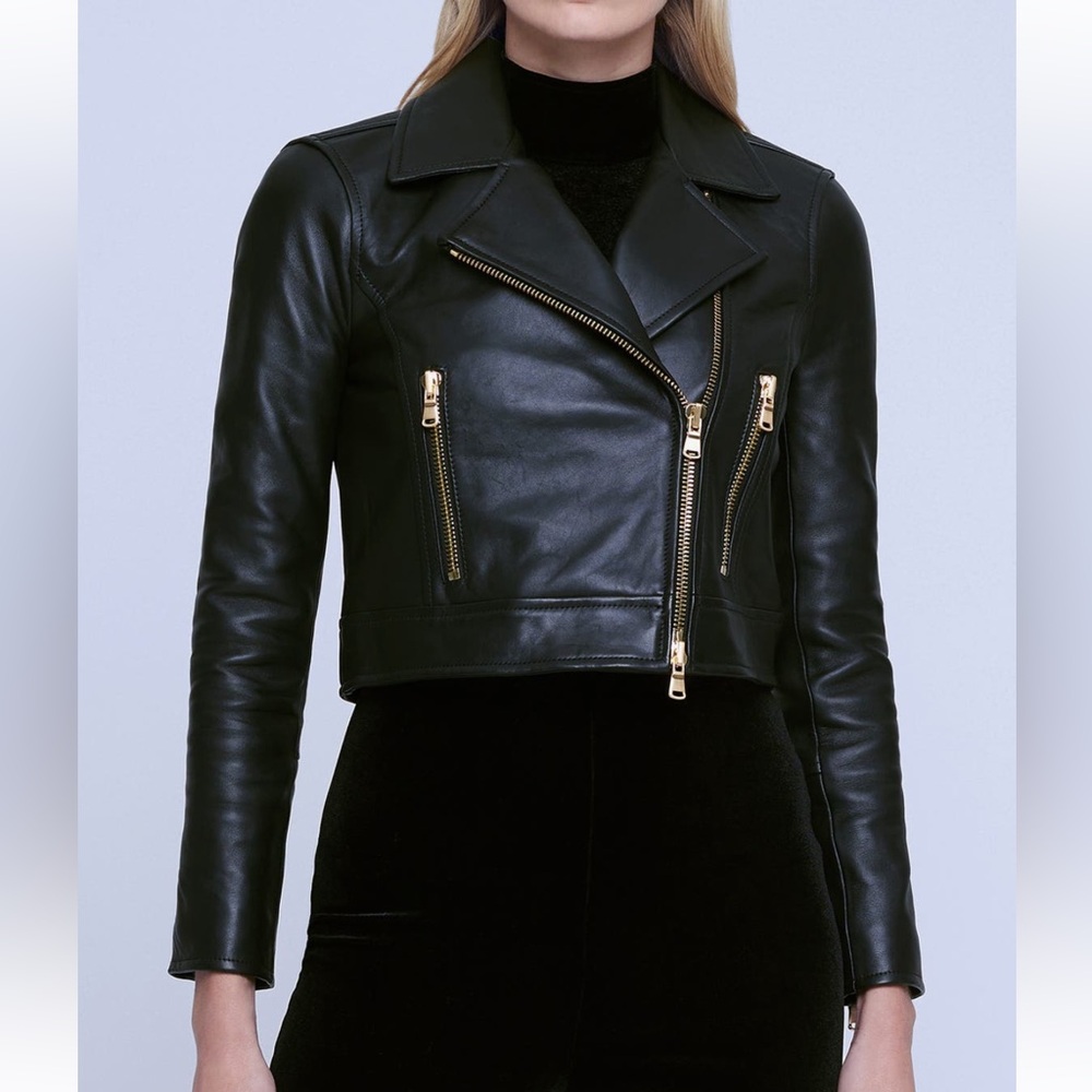 🌟NWT L’AGENCE ONNA BLACK LEATHER CROP BIKER JACKET SIZE XL - Picture 8 of 14